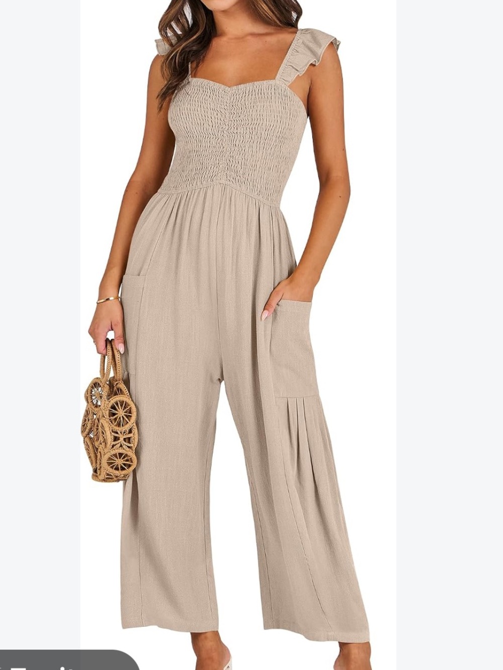 Source Unknown Beige Wide-Leg Smocked Jumpsuit
